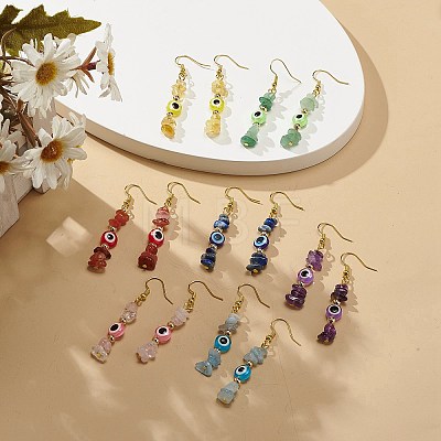 7Pcs 7 Style Natural Mixed Gemstone Chips & Resin Evil Eye Beaded Dangle Earrings EJEW-JE05117-1