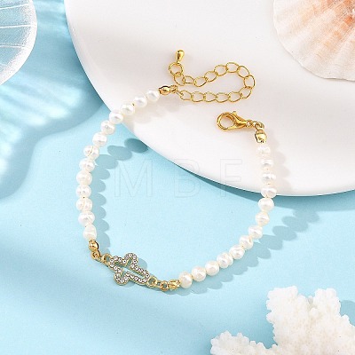 Alloy Crystal Rhinestone Religion Cross Link Natural Freshwater Pearl Potato Beaded Bracelets for Women BJEW-JB14369-1