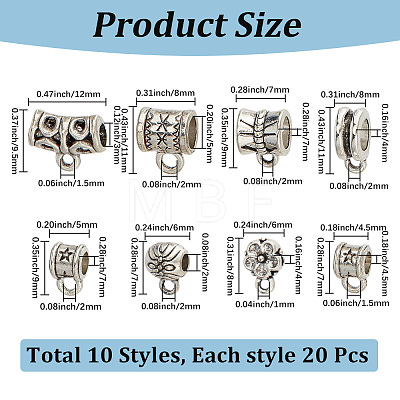 200Pcs 10 Styles Tibetan Style Alloy Tube Bails TIBE-PA0001-20-1