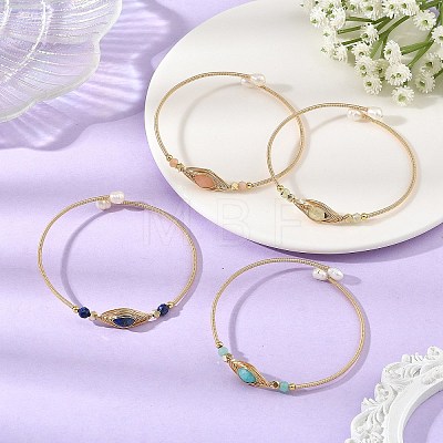 Faceted Horse Eye Natural Mixed Stone Herringbone Wire-Wrapped Brass Open Cuff Bangles with Natural Pearl for Women BJEW-JB14303-1