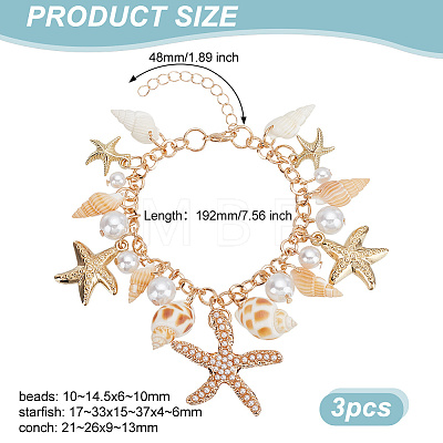   3Pcs Natural Conch Shell & Alloy Starfish & CCB Plastic Pearl Charm Bracelet BJEW-PH0004-35-1