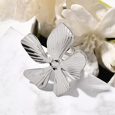 Flower Stainless Steel Open Cuff Ring for Women RJEW-R006-03P-01-1