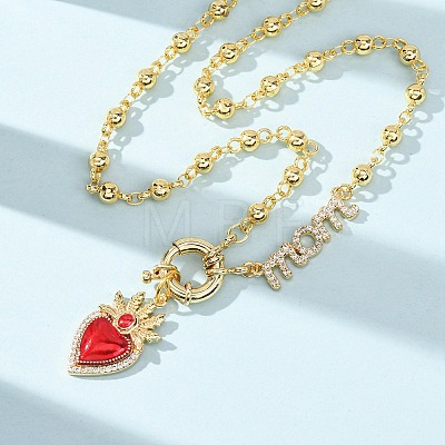 Mother's Day Brass Micro Pave Clear Cubic Zirconia Enamel Red Sacred Heart Mama Pendant Necklaces for Women NJEW-A071-12C-G-1