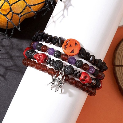 4Pcs Halloween Skull Pumpkin Gemstone Beaded Stretch Bracelets Kit BJEW-TA00483-1