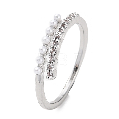 Clear Cubic Zirconia Curff Ring with ABS Imitation Pearl Beaded RJEW-B041-01P-1