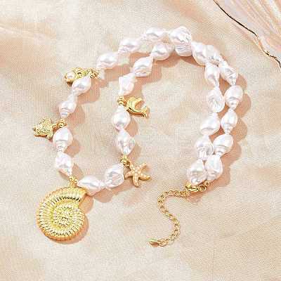 Ocean Brass Conch Shell Dolphin Turtle Pendant White ABS Plastic Imitation Keshi Pearl Beaded Necklaces KK-CBA4547-02G-1