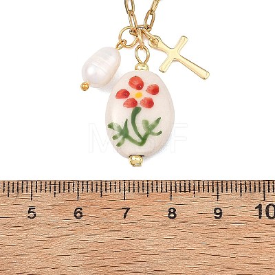 201 Stainless Steel Cross and Flower Printed Handmade Porcelain Oval Pendant Necklaces NJEW-JN06319-1