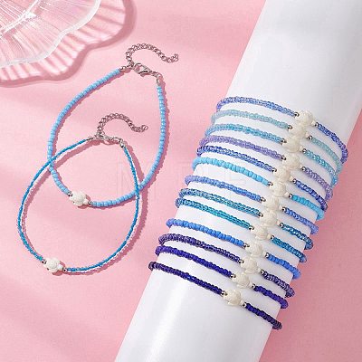15Pcs 15 Colors Summer Beach Dyed Synthetic Turquoise Turtle with Glass Beaded Anklets AJEW-AN00776-1