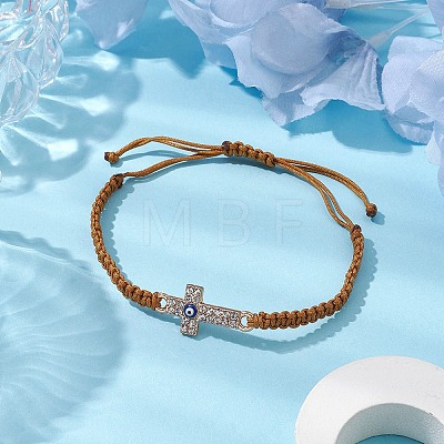 Evil Eye Cross Alloy Crystal Rhinestone Link Braided Bracelets BJEW-JB10788-1