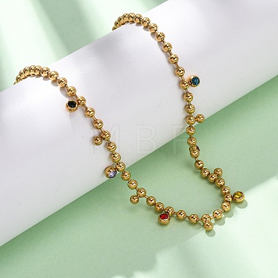 304 Stainless Steel Ball Chain Colorful Cubic Zirconia Flat Round Tassel Necklaces for Women NJEW-L157-10G-1