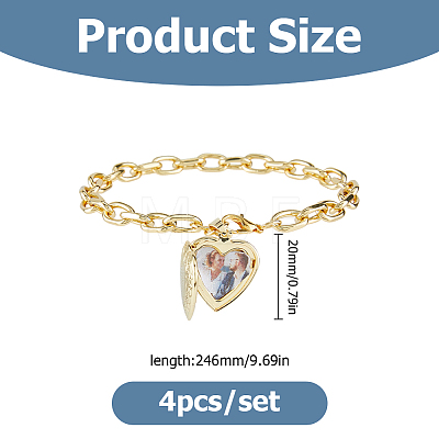 4Pcs Brass Locket Heart Charm Bracelets BJEW-HS00015-1