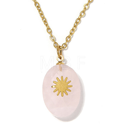 Natural Rose Quartz Faceted Oval Pendant 304 Stainless Steel Cable Chain Necklaces for Women WG4FB82-01-1