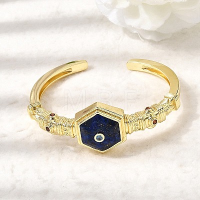 Hexagon Brass Pave Natural Lapis Lazuli & Cubic Zirconia Cuff Bangles for Women BJEW-Z172-01G-10-1