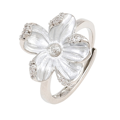 Flower Brass Micro Pave Cubic Zirconia & Enamel Cuff Ring Settings KK-CBAC351-06P-02-1
