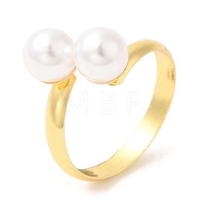 Rack Plating Brass Open Cuff Rings with Round Plastic Pearl Beads for Women RJEW-Q770-26G-1