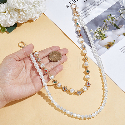 1Pc Imitation Pearl White Round Beaded and Alloy Colorful Rhinestone Flower Link Chain Belts for Pants HJEW-ME0001-23-1