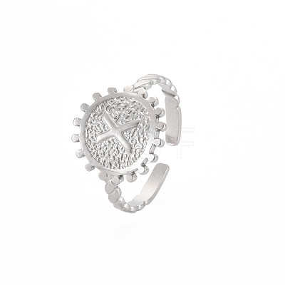 Non-Tarnish 304 Stainless Steel Flat Round with Initial Letter Open Cuff Ring for Men Women RJEW-S405-246P-X-1