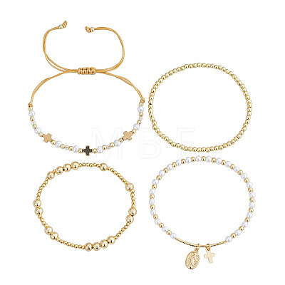 4Pcs Adjustable Plastic Imitation Pearl Beaded Braided Bracelet Sets CF9382-3-1