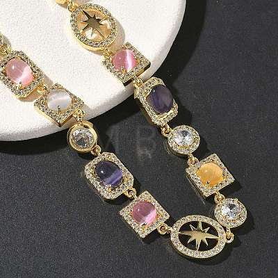 Brass Micro Pave Clear Cubic Zirconia with Multicolor Cat Eye Rectangle Square Oval Tennis Necklaces NJEW-G183-05G-1