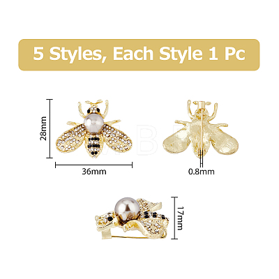 5Pcs 5 Colors White Imitation Pearl with Rhinestone Bee Brooch Pin JEWB-DC0001-10-1