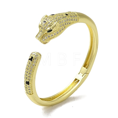 Brass Pave Clear & Green Cubic Zirconia Leopard Open Cuff Bangle for Women BJEW-K246-20B-G-1