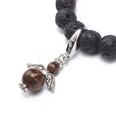 Natural Lava Rock & Gemstone Stretch Bracelet with Alloy Fairy Charms BJEW-JB08730-1