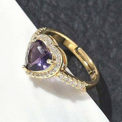 Brass & Purple Heart Cubic Zirconia Finger Rings for Women CU-CBA7E55-14G-1