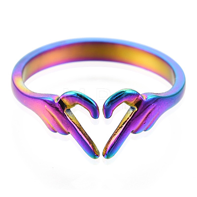 304 Stainless Steel Hand Heart Cuff Rings RJEW-N038-121M-1