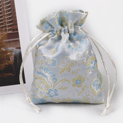 Chinese Style Rectangle Satin Cloth Flower Printed Drawstring Gift Bags PW-WG92BC2-03-1