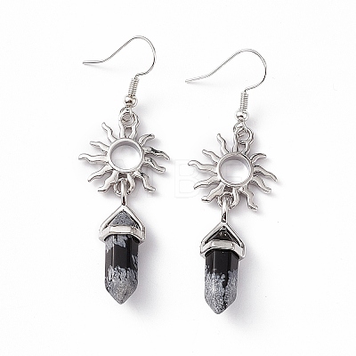 Natural Snowflake Obsidian Bullet with Sun Dangle Earrings EJEW-I276-01P-03-1