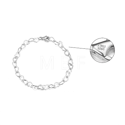 Rhodium Plated 925 Sterling Silver Heart Link Chain Bracelets BJEW-I314-057B-P-1