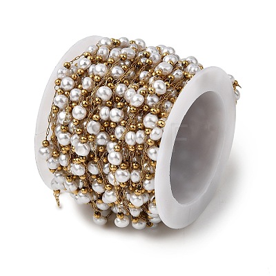 Handmade 304 Stainless Steel ABS Plastic Pearl Beaded Round Link Chains CHS-L032-01G-06-1