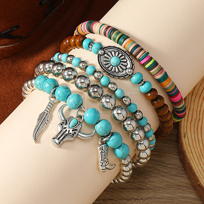 5Pcs Synthetic Turquoise & CCB & Wood & Polymer Clay Beaded Stretch Bracelets FS-WGC8DBE-12-1