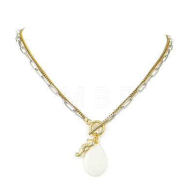 Summer Natural White Shell Teardrop and Sea Horse Pendant 304 Stainless Steel 2-Strand Chain Necklaces with OT Clasps for Men Women NJEW-JN06253-1