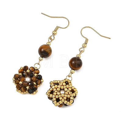 Natural Tiger Eye and Shell Pearl Braided Dangle Earrings EJEW-MZ00789-03-1