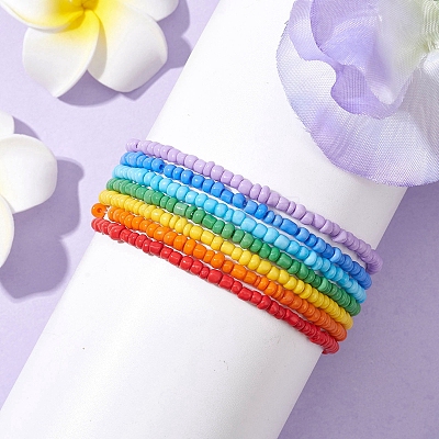 7 PCS Rainbow Style Glass Seed Beads Bracelets Sets for Women BJEW-JB10065-01-1