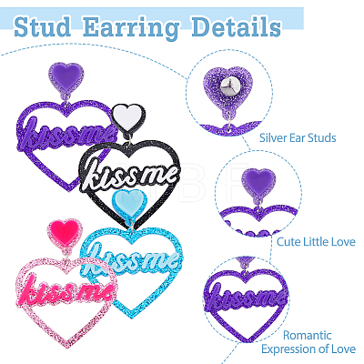 FIBLOOM 4 Pairs 4 Colors Heart with Word Kiss Me Acrylic Dangle Stud Earrings EJEW-FI0002-34-1