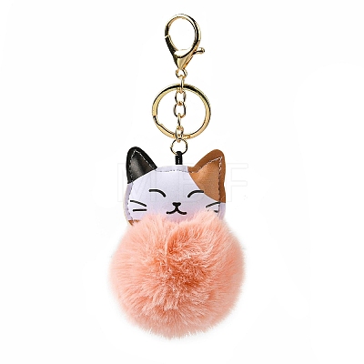 Imitation Rex Rabbit Fur Ball & PU Leather Cat Pendant Keychain X1-KEYC-K018-05KCG-02-1