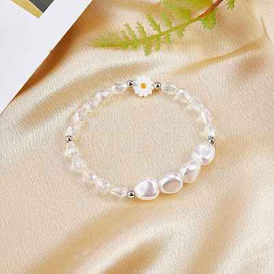 3Pcs Natural Shell & Plastic Pearl Flower & Glass Beaded Necklaces and Stretch Bracelet Set SJEW-SW00010-04-1