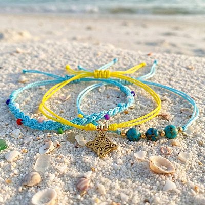 Summer Beach Style Adjustable Synthetic Green Turquoise Imperial Stone Beaded Bracelet Set UQ9789-2-1