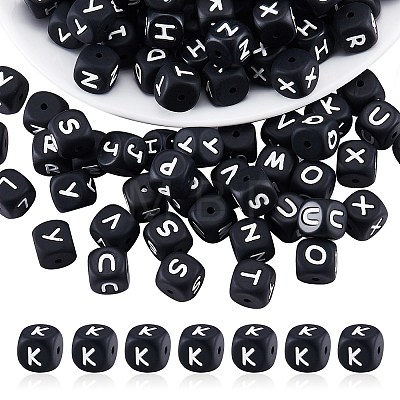 20Pcs Black Cube Letter Silicone Beads 12x12x12mm Square Dice Alphabet Beads with 2mm Hole Spacer Loose Letter Beads for Bracelet Necklace Jewelry Making JX433K-1