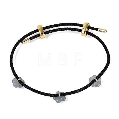 Natural Jadeite Flower Adjustable Cowhide Leather Cord Slider Bracelets with Brass Slider Beads BJEW-N041-05-1