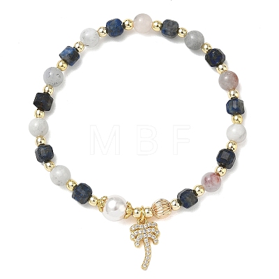 Brass Micro Pave Clear Cubic Zirconia Charm Natural Aquamarine Round and Faceted Cube Lapis Lazuli Beaded Stretch Bracelets for Women BJEW-JB14378-02-1
