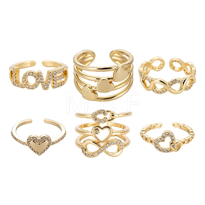 6Pcs 6 Styles Brass Micro Pave Clear Cubic Zirconia Cuff Rings RJEW-LS0001-45G-1