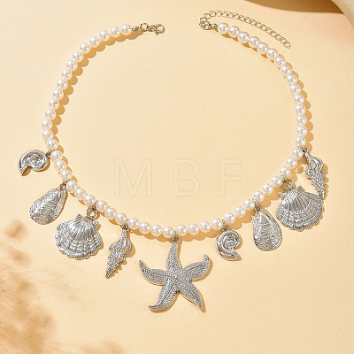 Bohemian Summer Beach Zinc Alloy Starfish Shell Shape Pendant White Round Imitation Pearl Beaded Bib Necklaces for Women WGA7543-01-1