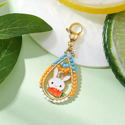 Easter Teadrop Glass Seed Beaded & Alloy Enamel Rabbit Pendant Decorations HJEW-MZ00187-06-1