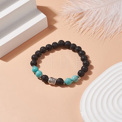 Natural Lava Rock & Synthetic Green Turquoise(Dyed) Stretch Bracelet with Alloy Beaded BJEW-TA00147-04-1