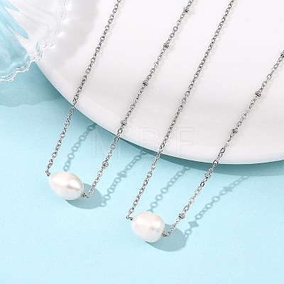 Natural Pearl Rice Pendant 304 Stainless Steel Satellite Chain Necklaces for Women NJEW-JN06149-02-1
