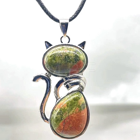 Natural Unakite Alloy Cat Shape Pendant Necklaces KJ2639-4-1