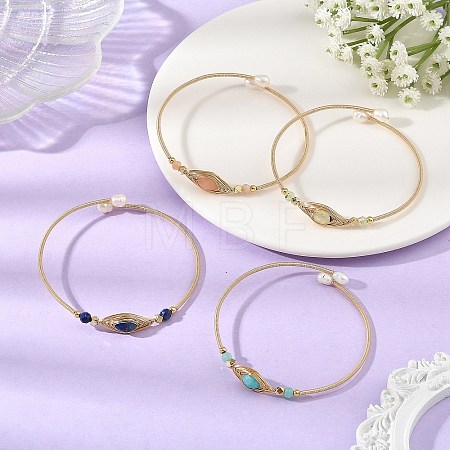 Faceted Horse Eye Natural Mixed Stone Herringbone Wire-Wrapped Brass Open Cuff Bangles with Natural Pearl for Women BJEW-JB14303-1